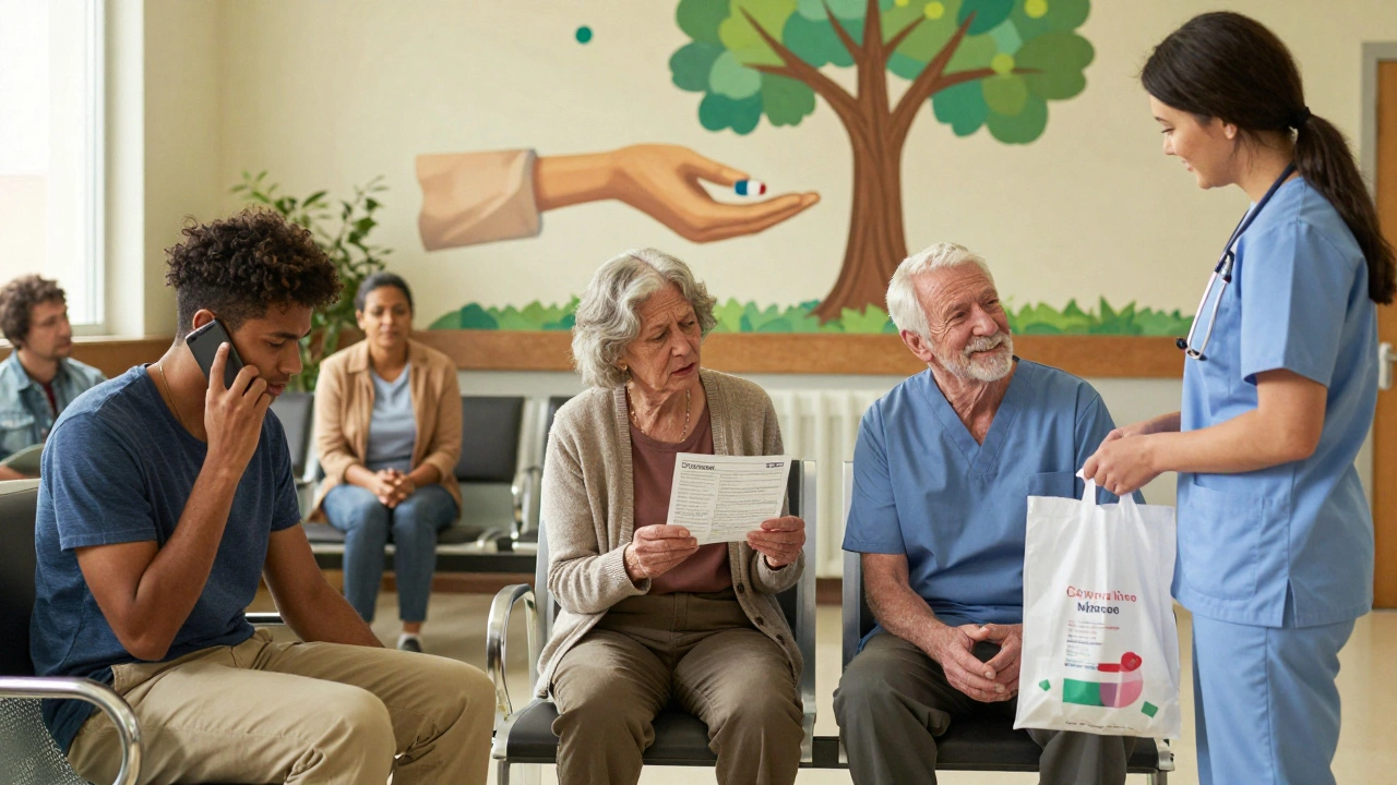 Diverse patients in a waiting room managing oral chemo with reminders, test results, and safe disposal.