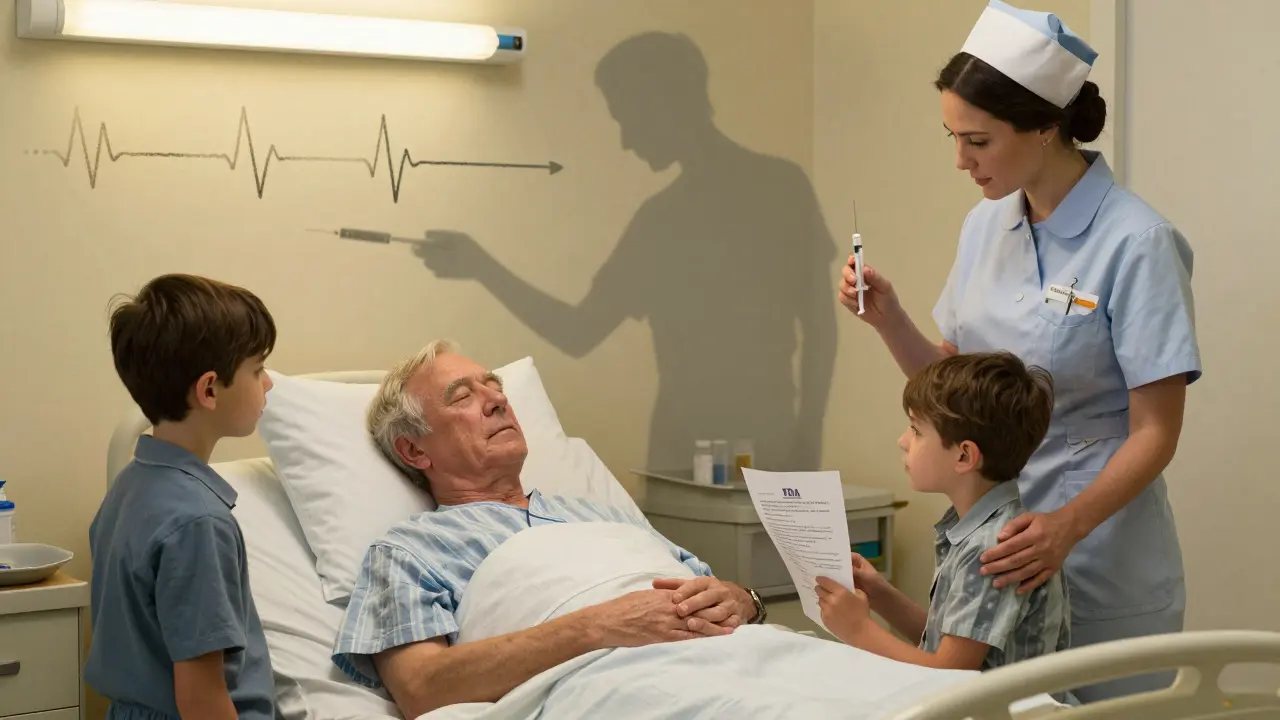 Family beside hospitalized patient as translucent breathing chart looms above, nurse holding pregabalin syringe.