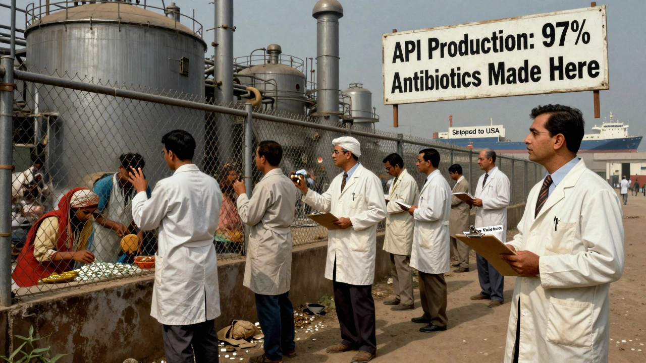 FDA inspectors observe a foreign drug factory through a fence, with workers assembling pills under poor lighting and a cargo ship in the distance.