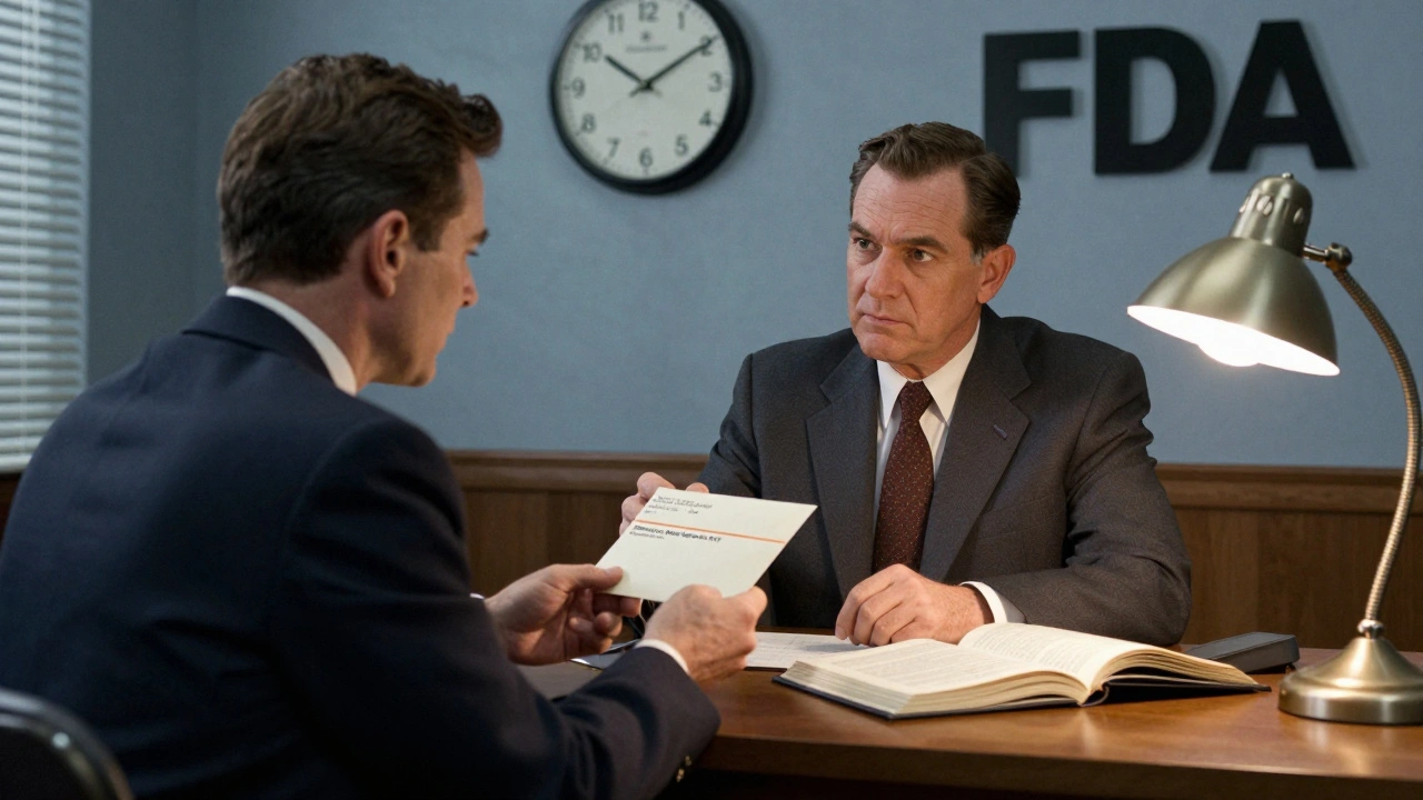 Generic drug applicant submitting a Paragraph IV certification at the FDA in the 1990s, with the Orange Book on desk.
