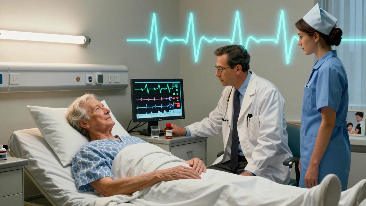 Hospital patient with torsades rhythm on monitor, cimetidine bottle on nightstand beside family photo.