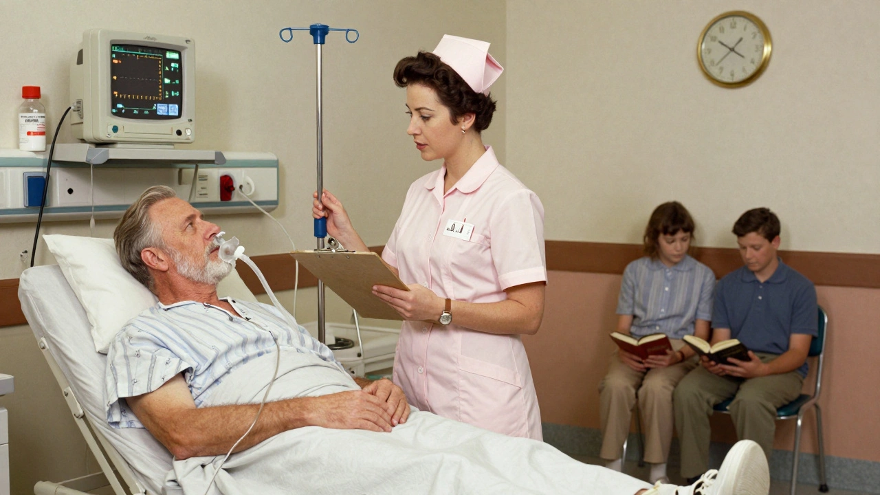 ICU nurse monitoring liver enzymes on clipboard beside ventilated patient and family member