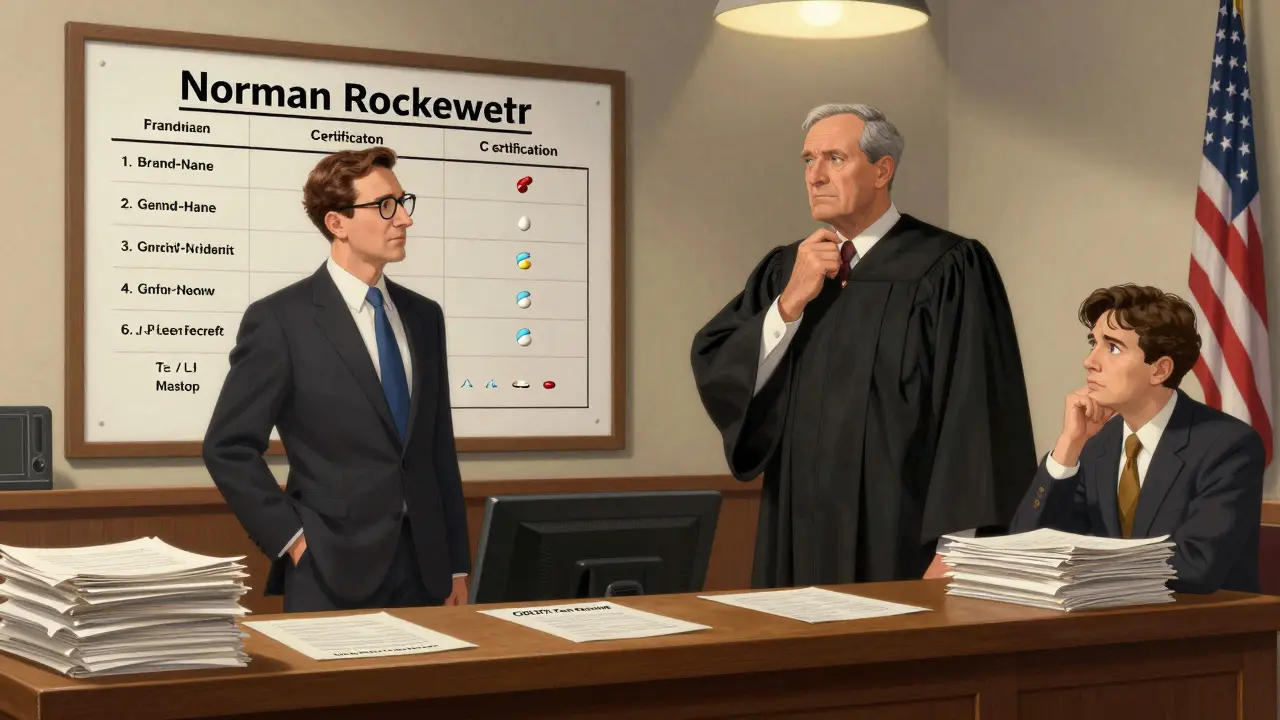 Lawyer presenting generic drug equivalence in court, with patent attorney observing.