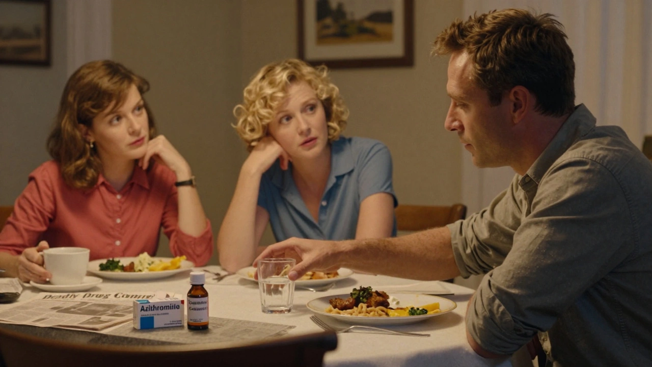 Man at dinner table unaware of dangerous drug combo beside him, wife watches with concern.
