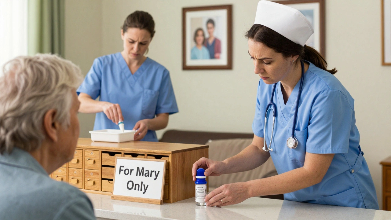 Nurse placing a labeled, personal pill crusher next to an elderly resident&#039;s medication drawer.