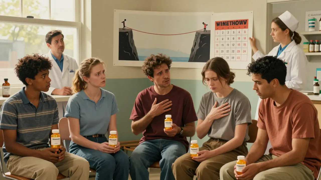 Patients in a waiting room hold different generic pill bottles as a nurse displays a narrow therapeutic window poster.