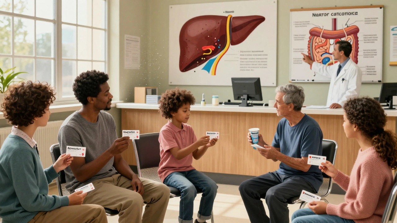 Patients in clinic waiting room with antibiotic prescriptions and poster showing healthy vs damaged liver