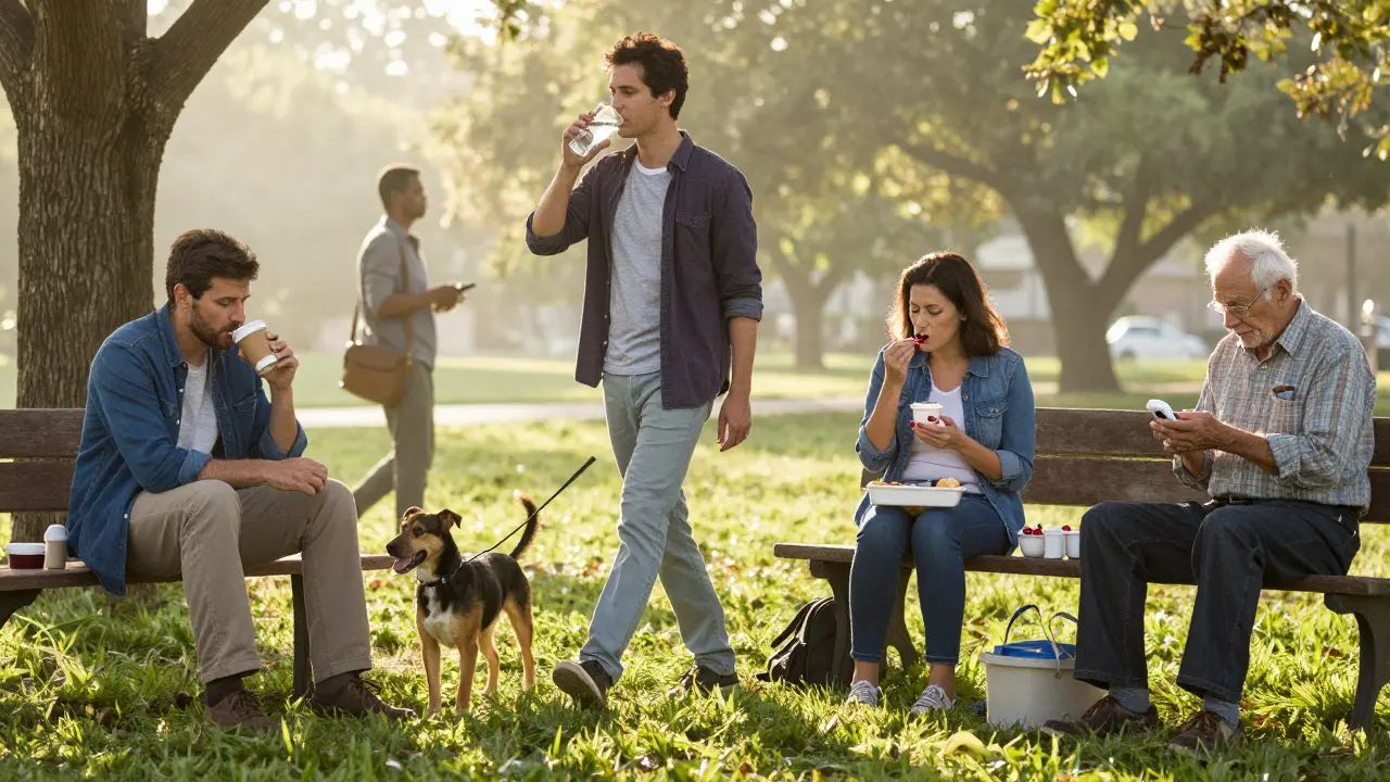 People in park practicing gout prevention: drinking water, coffee, yogurt, and cherries at sunrise.