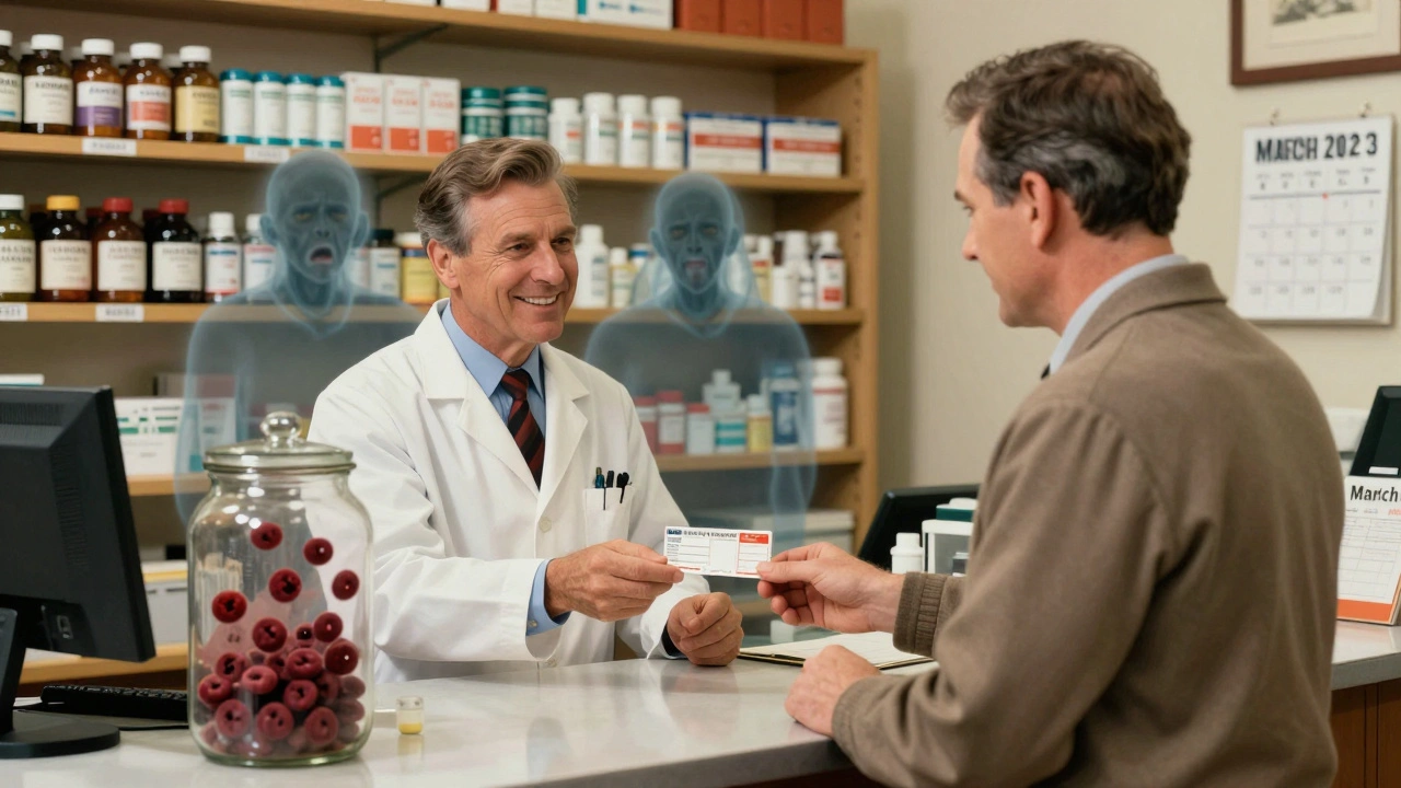 Pharmacist handing antibiotic prescription; ghostly toxic symptoms visible in glass jar reflection.