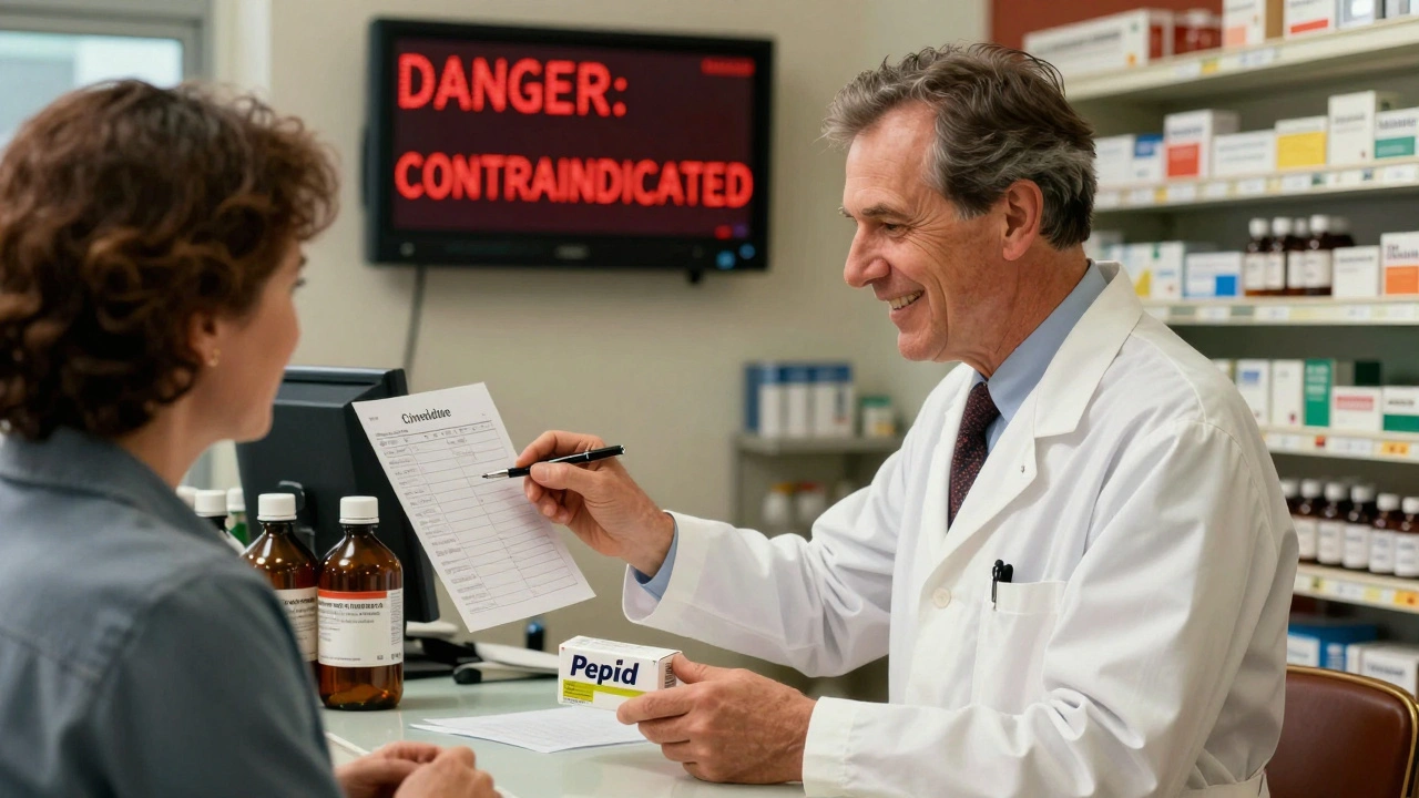 Pharmacist handing famotidine to patient while reviewing medications with a reassuring smile.