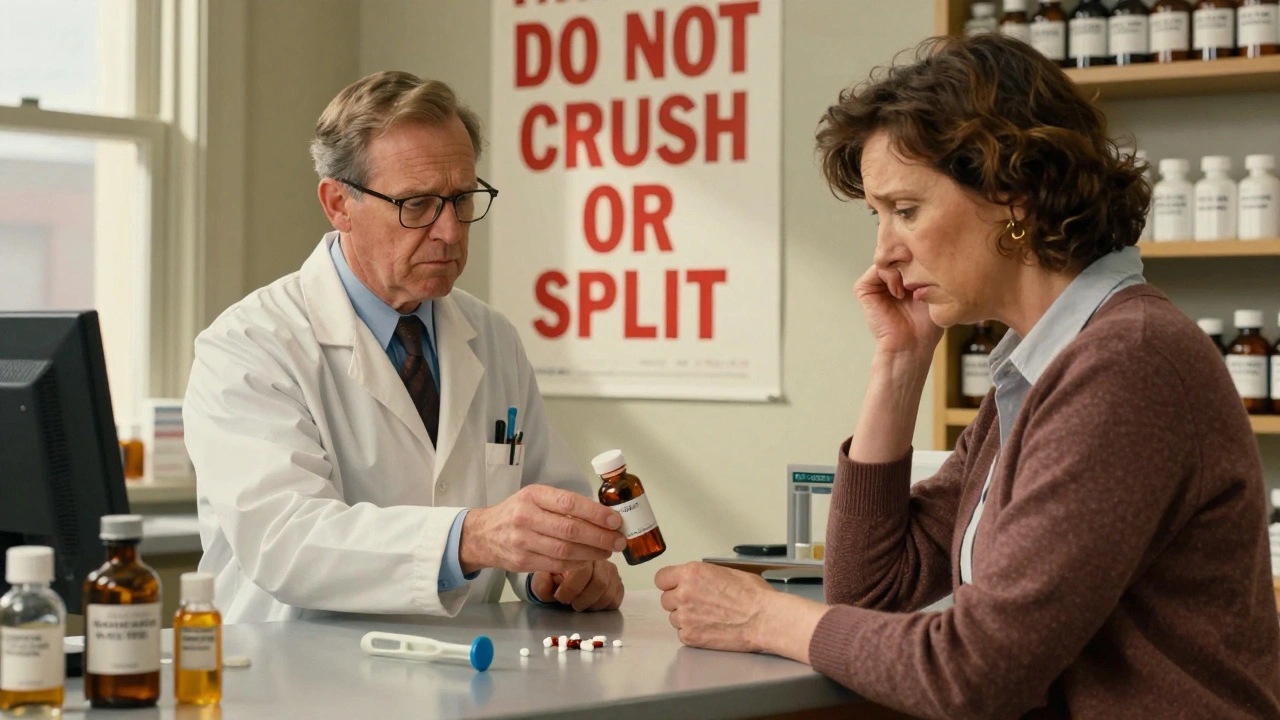 Pharmacist handing liquid medication to a caregiver, with a &#039;Do Not Crush&#039; poster in the background.