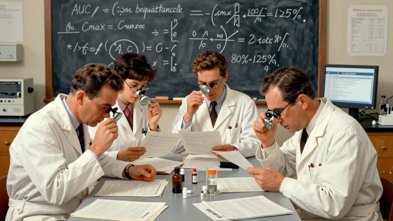 Scientists in a lab reviewing bioequivalence data and FDA forms with magnifying lenses.