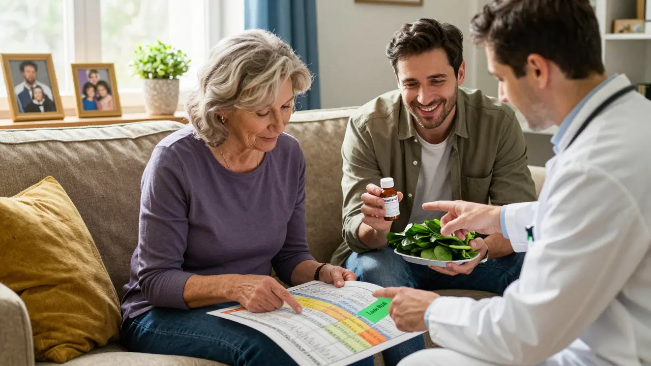 Woman and pharmacist reviewing a color-coded medication checklist together on the sofa.