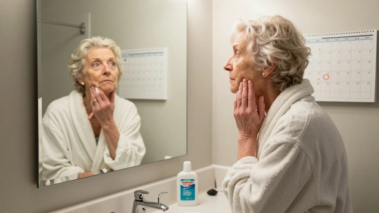 Woman in robe looking in mirror, touching jaw with exposed bone visible.