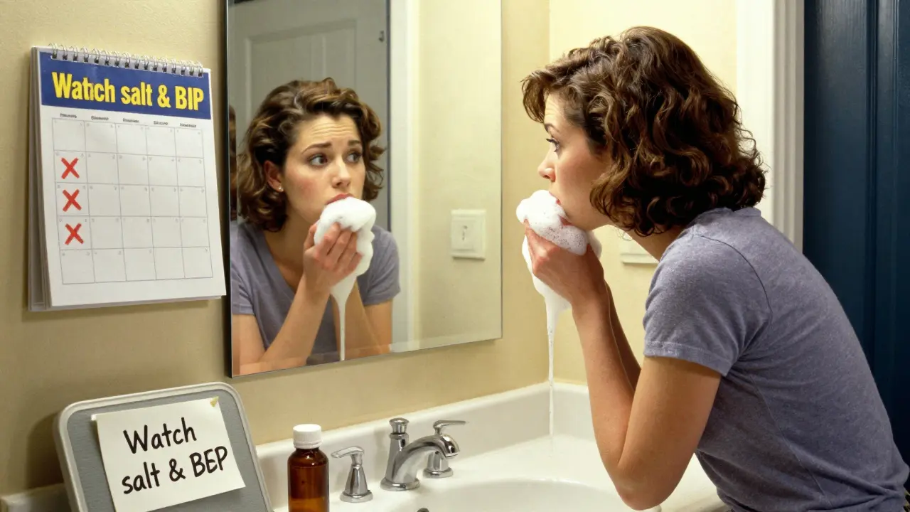 Woman noticing foamy urine in bathroom, with health reminders nearby.