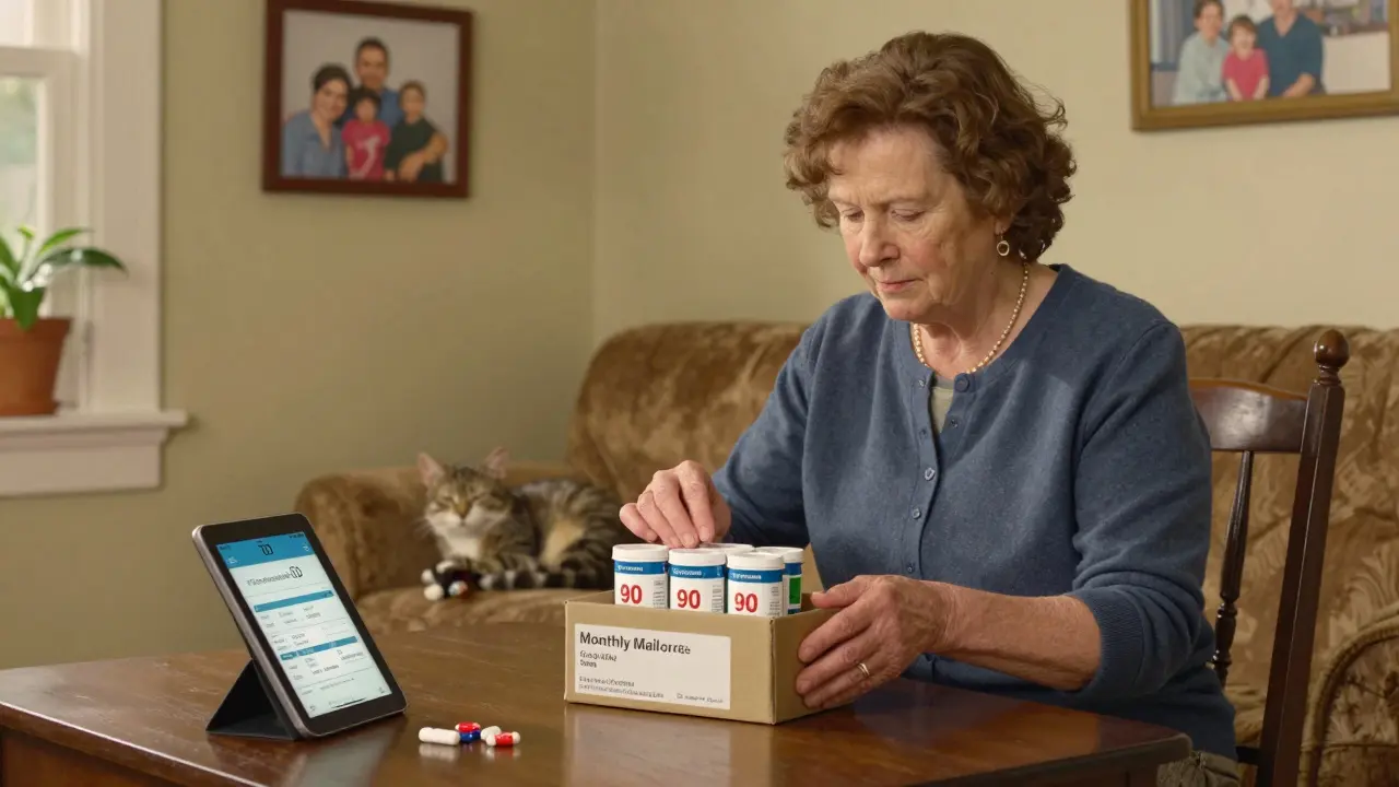 Woman organizes her monthly mail-order medications in a cozy living room, with a tablet showing a refill reminder and cat napping nearby.