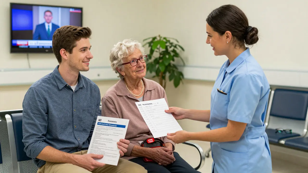 Young man handing a handwritten medication checklist to a nurse in a hospital waiting room.