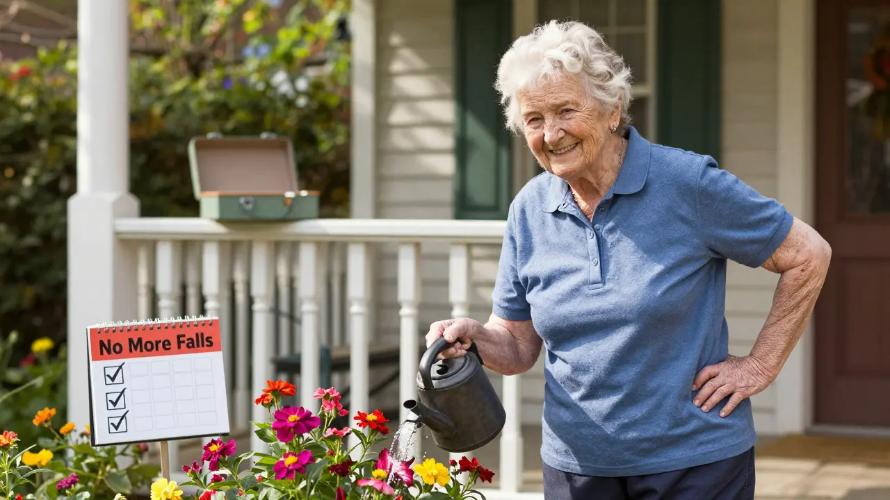 84-year-old woman gardening happily with empty pillbox on porch.