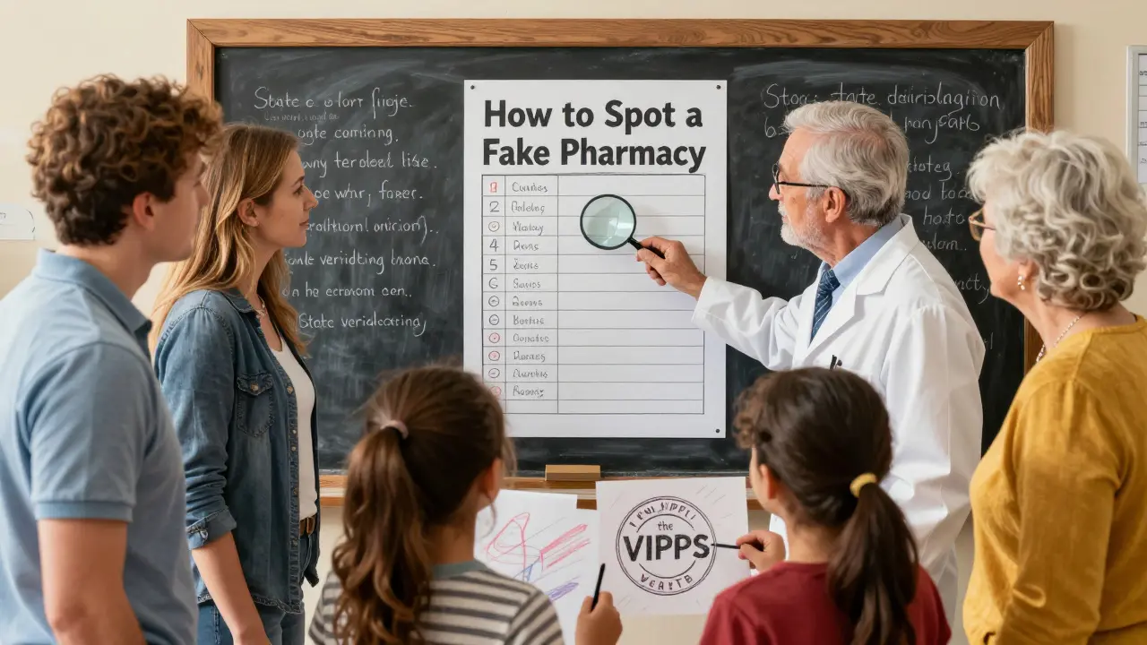 A community group learns how to identify fake pharmacies from a pharmacist at a bulletin board with a hand-drawn guide.