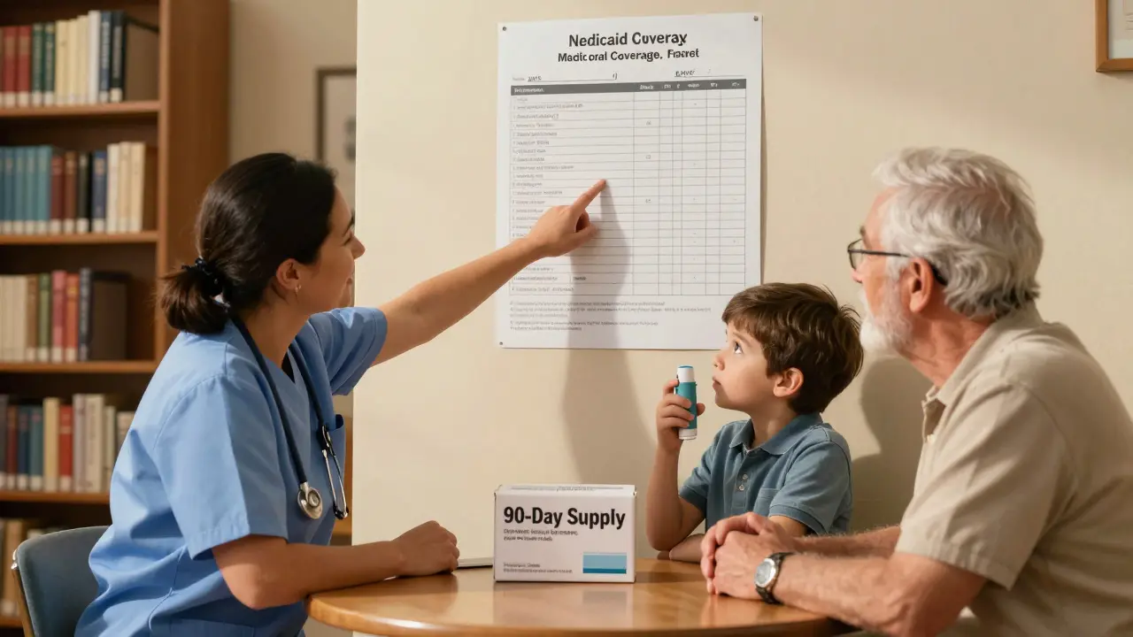 A counselor helps an elderly couple understand Medicaid coverage, with a mail-order pharmacy box and child’s inhaler on the table.