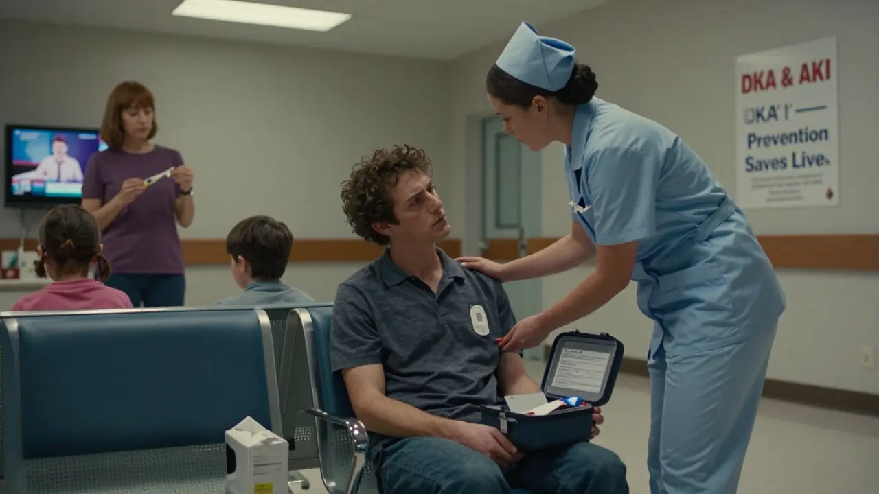 A diabetic patient receives care in a quiet ER waiting area, their prepared sick kit beside them.