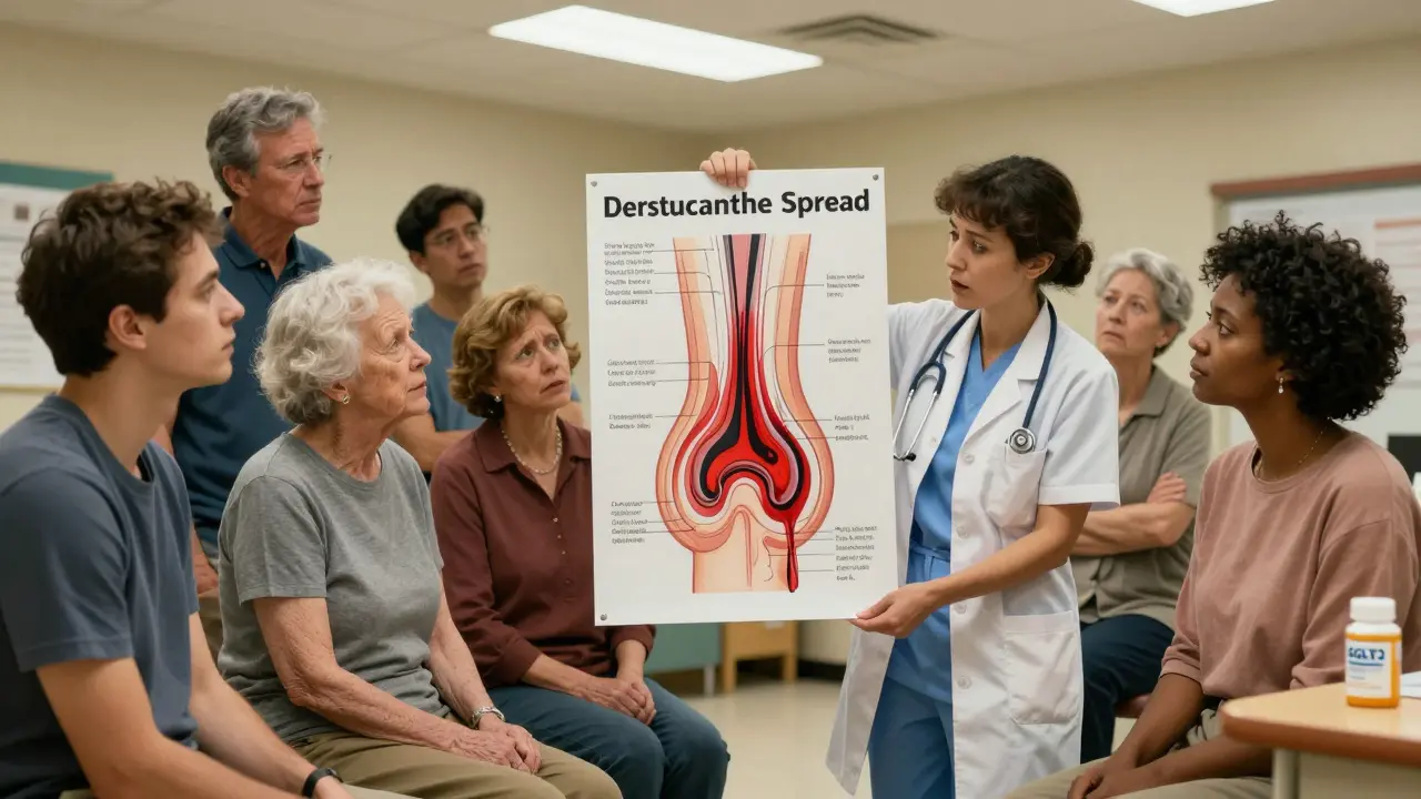 A diverse group of patients learns about Fournier's gangrene risks from a nurse with an illustrated poster.