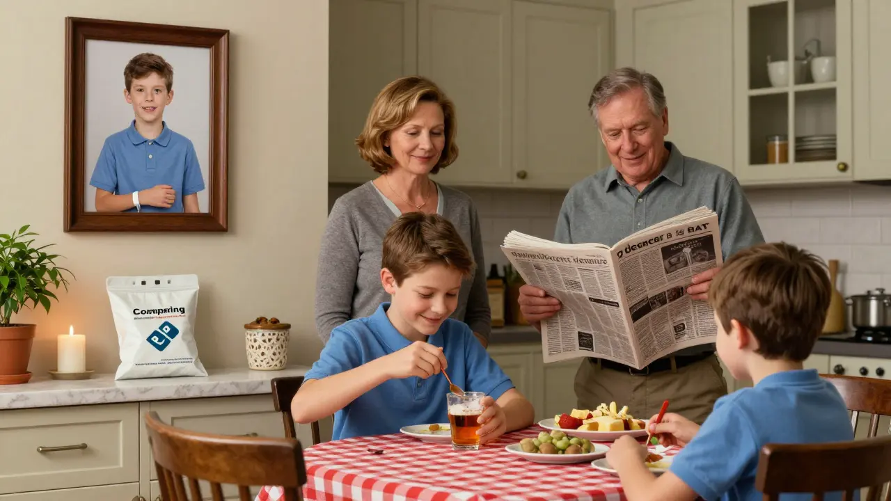 A family enjoys dinner as a child takes compounded medicine, conveying relief and normalcy at home.