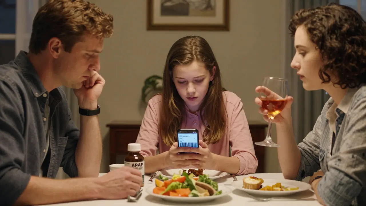 A family learns about hidden acetaminophen in medications using a smartphone app during dinner.