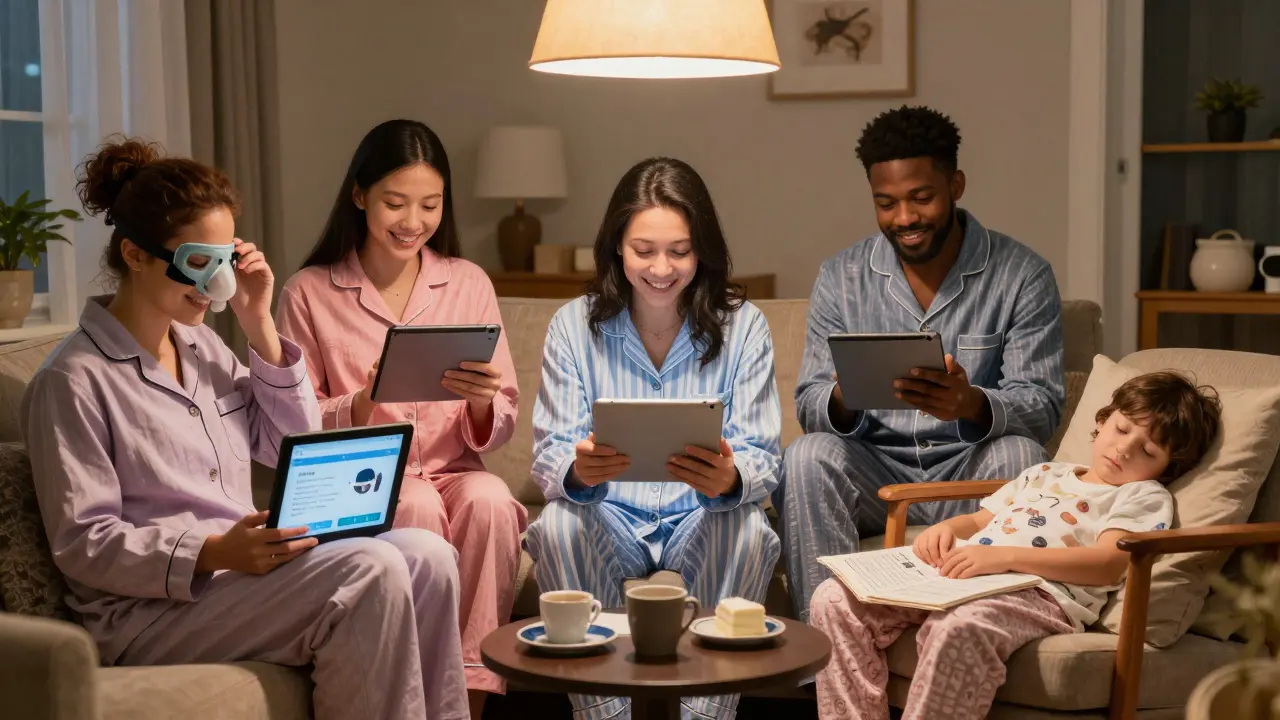 A group of people in pajamas share sleep improvement stories in a cozy living room.