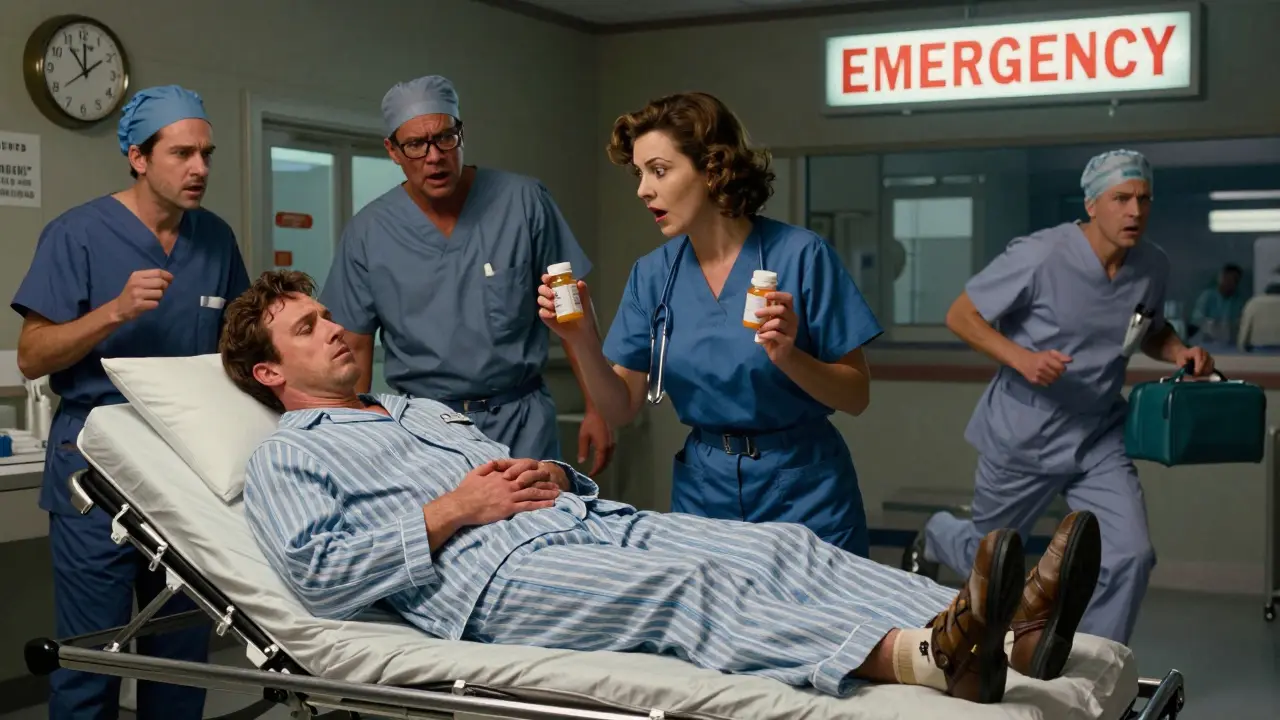 A man is rushed to emergency surgery at night, clutching his groin, with medication bottle in hand.