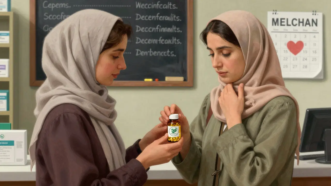 A Muslim woman receives a halal-certified vegetarian capsule from a pharmacist in a cozy urban pharmacy.
