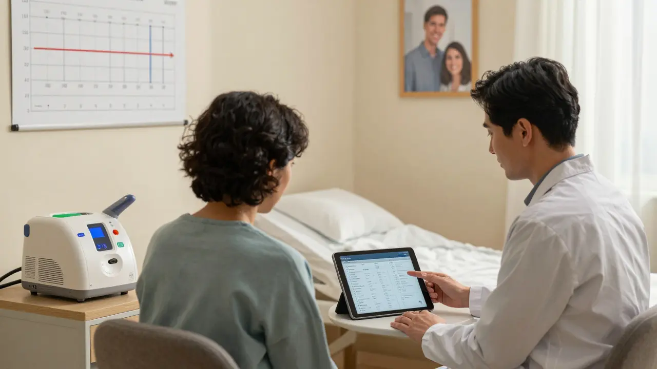 A patient and psychologist review sleep data together in a warm, inviting clinic setting.