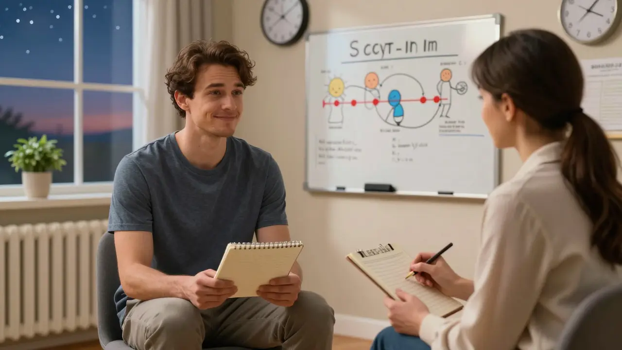 A patient and therapist review sleep diaries in a warm room, with a whiteboard showing sleep techniques, conveying hope and recovery.