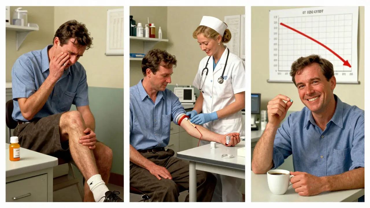 A patient’s journey from statin pain to successful intermittent dosing, shown in three detailed panels with medical visuals.