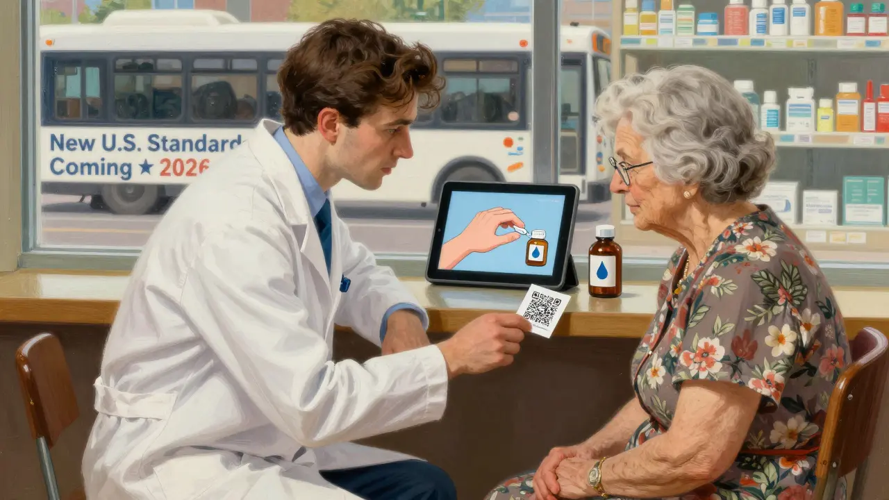 A pharmacist explains a QR code on a medication label to an elderly woman in a warm, detailed pharmacy setting.