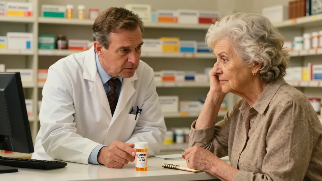 A pharmacist explains acetaminophen content on a prescription to an elderly patient in a warm community pharmacy.