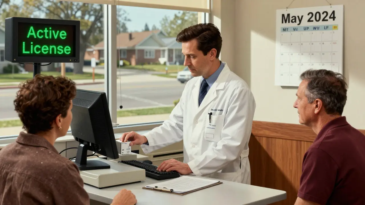 A pharmacist verifies a pharmacy's license on a computer in a clinic, with a patient waiting nearby under warm lighting.
