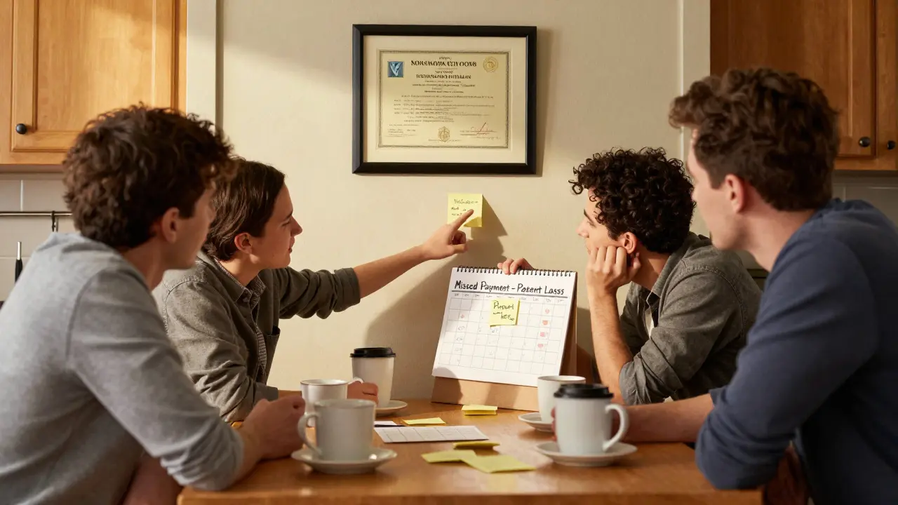 A startup team at a kitchen table realizing a patent was lost due to a missed payment.