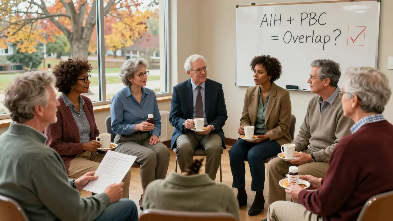 A support group of patients sharing stories over coffee, medical supplies visible, autumn light through a window.