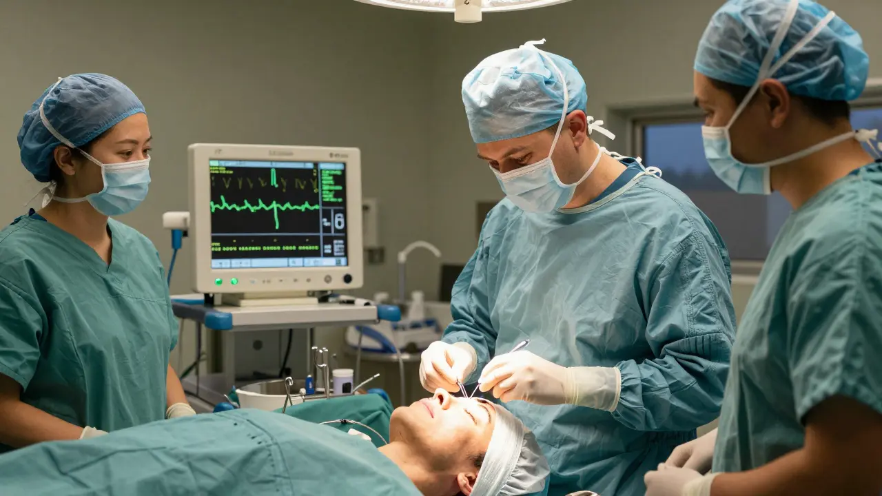A surgeon carefully places a cochlear implant electrode during surgery, team focused in a calm, well-lit operating room.