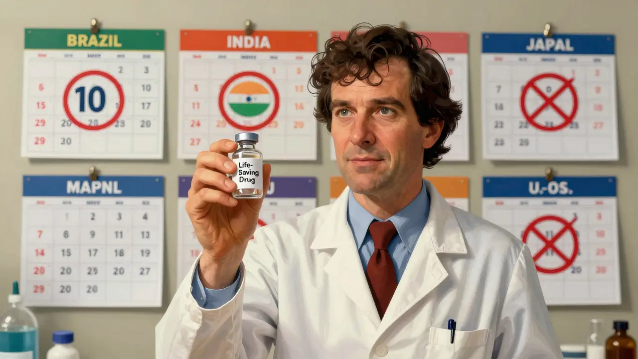 A technician standing before calendars from different countries showing varied patent expiration dates.