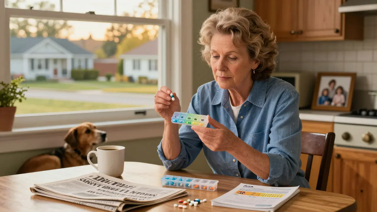 A woman at her kitchen table examining different-looking pills with an FDA guide nearby.