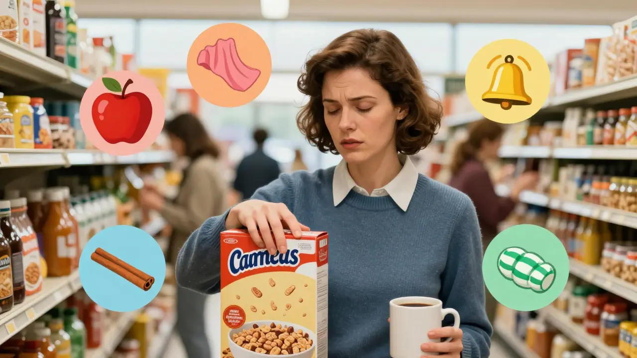A woman using the five senses to ground herself in a grocery store, surrounded by floating sensory icons.