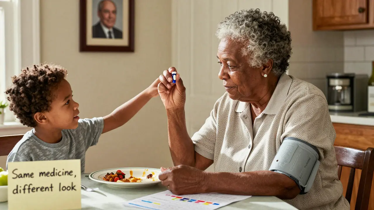 An elderly woman examines a new white pill beside her old blue one, with her grandson explaining the change at home.