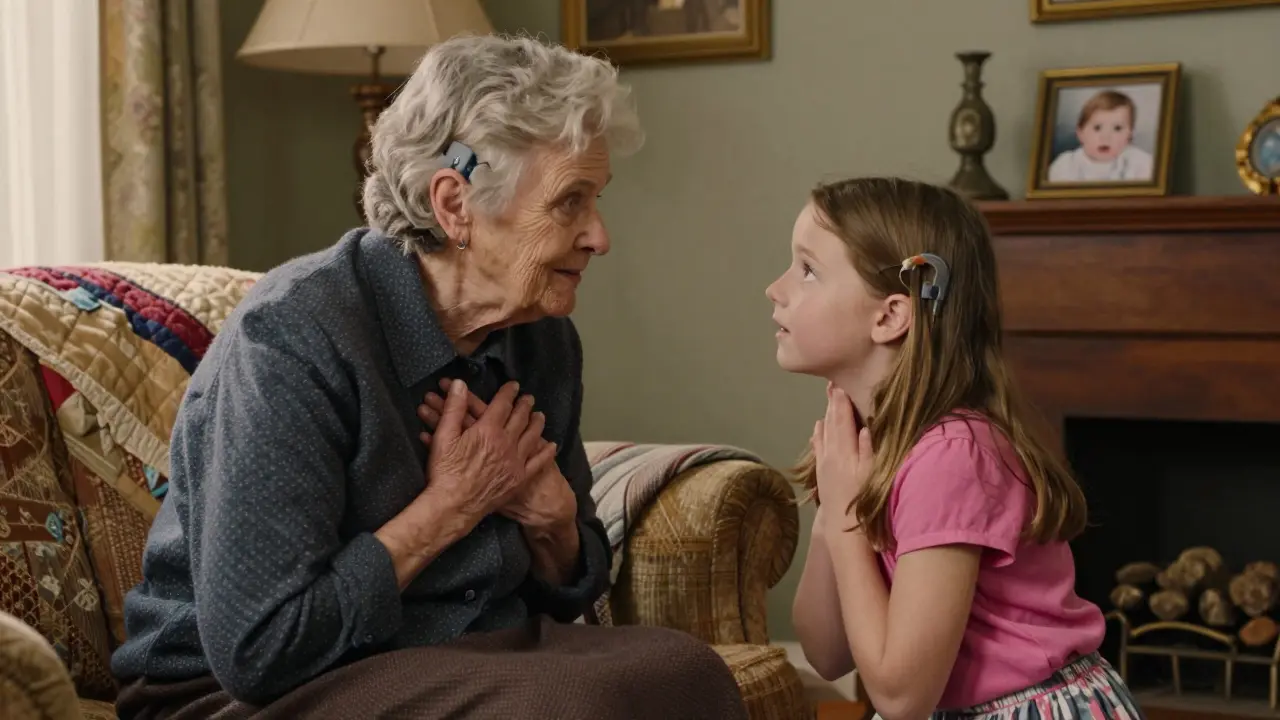 An elderly woman hears her granddaughter say 'Mama' for the first time in years, tears in her eyes, holding her heart in a warm living room.