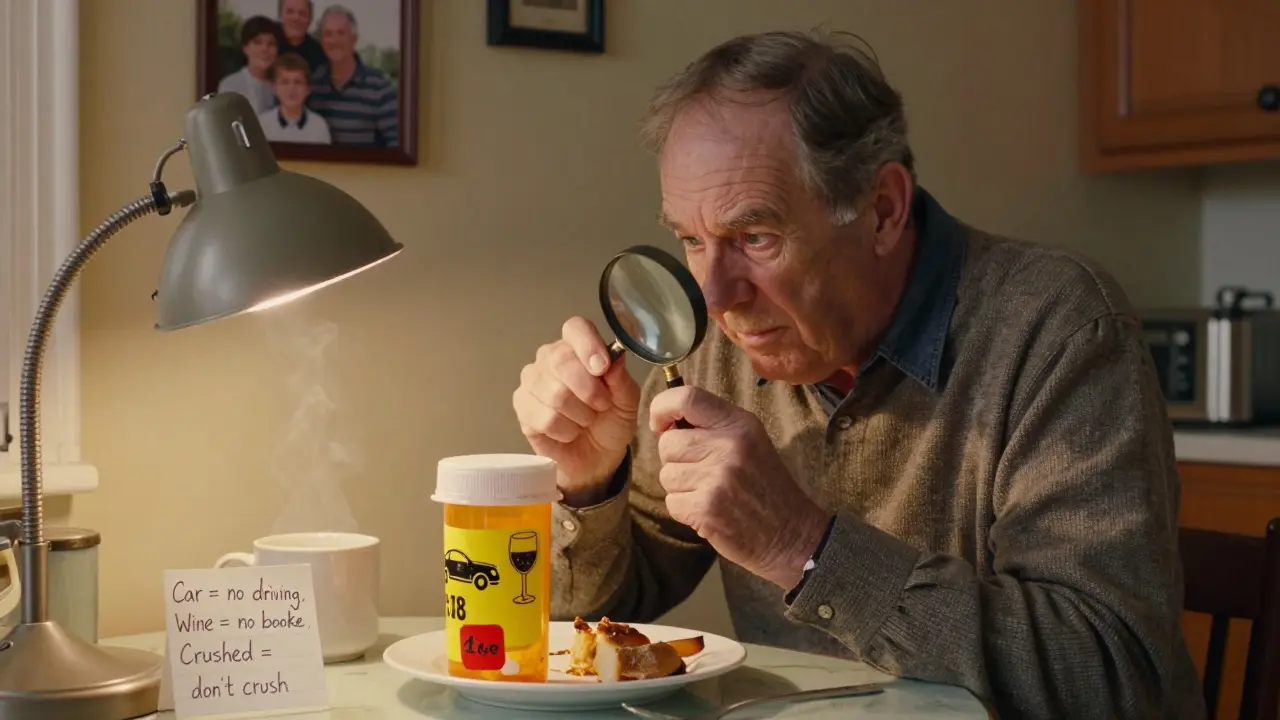 An older man uses a magnifying glass to read warning stickers on a medicine bottle at his kitchen table.