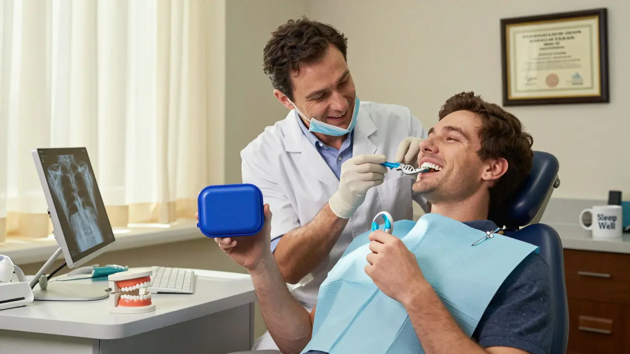 Dentist fitting oral appliance for patient, CPAP case and jaw model on desk, sunlight through window.