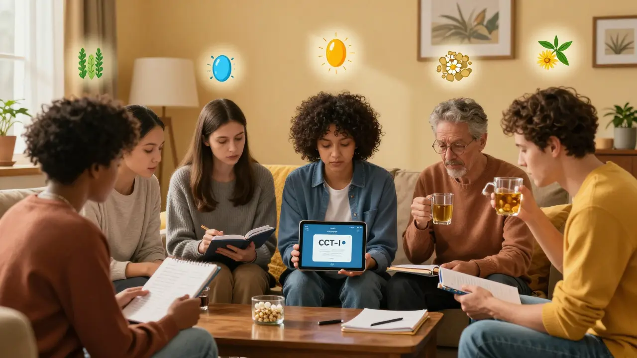 Diverse group in living room with sleep diaries and medication lists, glowing sleep symbols above them.