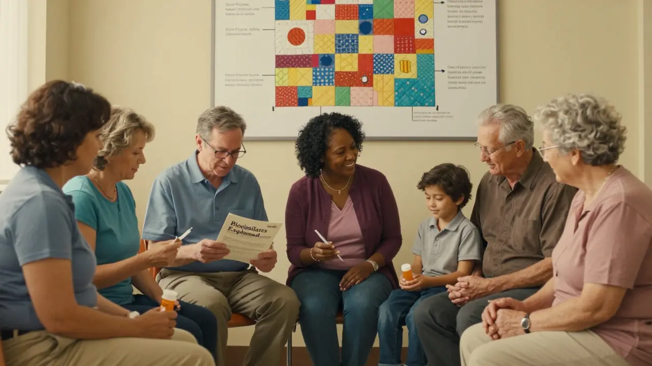 Diverse patients in a clinic waiting area, calmly informed about biosimilars with supportive community vibe.