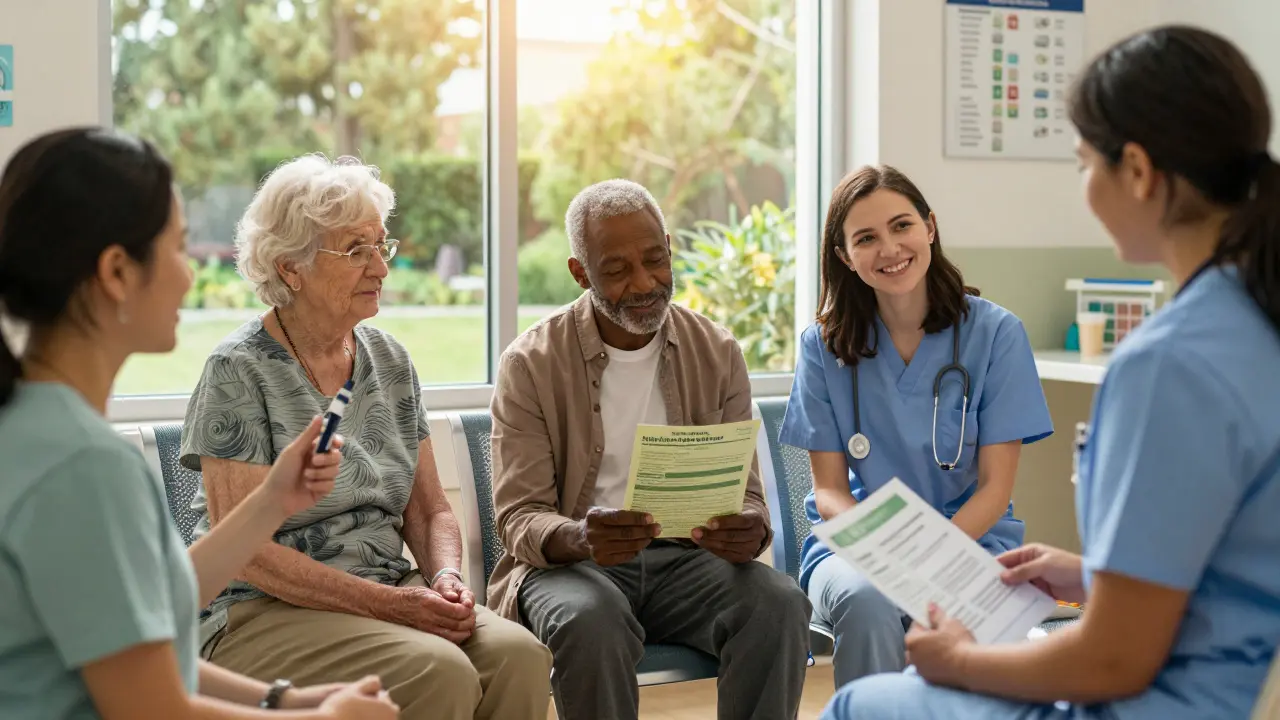 Diverse patients in a clinic waiting area, one holding an OIC injection pen, smiling with nurse.